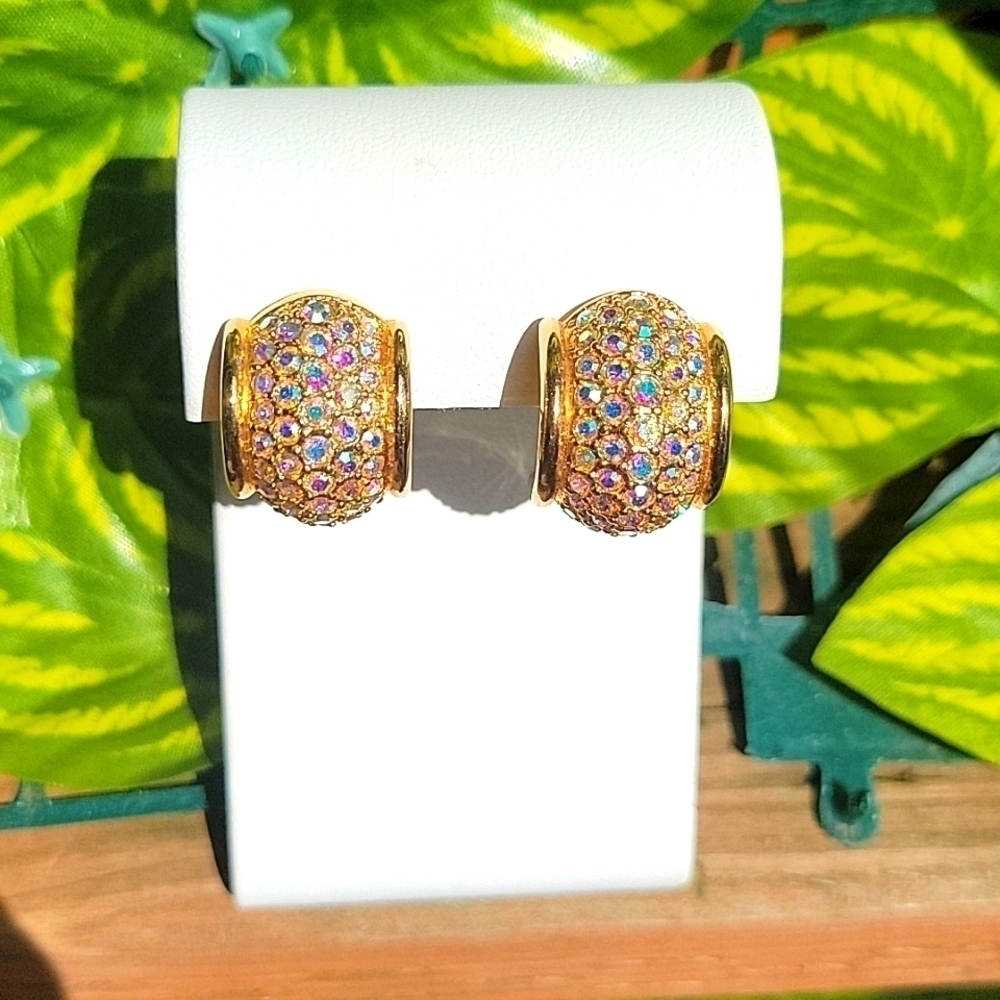 Swarovski Signed Vintage ClipOn Aurora Borealis Rhinestone Crystal Hoop Earrings
